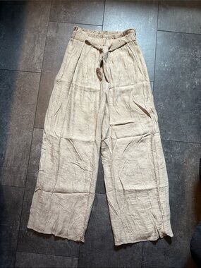 Lightweight Beige Linen Wide-Leg Tie-Waist Pants